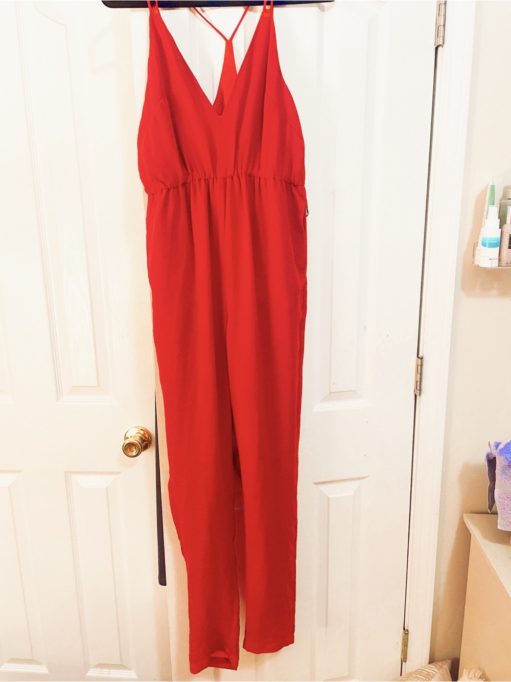 Women's Red V-Neck Spaghetti Strap Jumpsuit